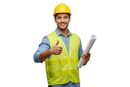 Cheerful construction engineer in a hard hat and safety vest holding blueprints and giving a thumbs-up