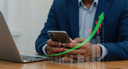 Businessman analyzing financial data on smartphone. Growth graph overlay with green upward arrow. Modern financial strategy and success.