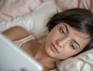 Obraz premium Young woman with short hair relaxing in bed while using a tablet.