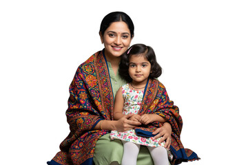 Smiling Indian mother and her young daughter sitting together in traditional attire