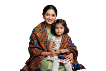 Smiling Indian mother and her young daughter sitting together in traditional attire