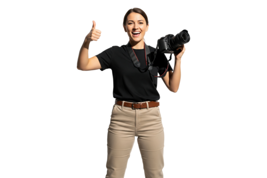 Joyful female photographer holding a DSLR camera and enthusiastically giving a thumbs-up