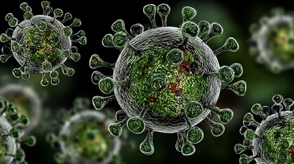 Microscopic view of viruses with green spikes, blurred background and a dark backdrop