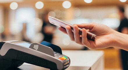 Close-up of hand using phone for contactless payment at POS terminal, showcasing modern technology in retail, symbolizing ease and convenience of mobile transactions