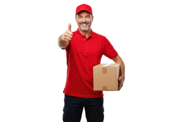 Smiling male delivery person in a red uniform holding a package and giving a thumbs-up