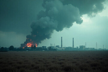 Industrial facility fire with dramatic flames and black smoke plumes. Emergency disaster scene at power plant or chemical factory with burning infrastructure.