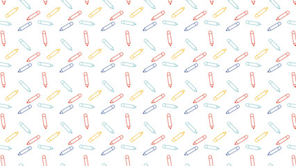 A seamless pattern of colorful pencils scattered across a white background in a repeating design style