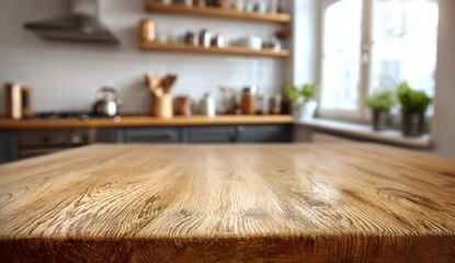 Warm rustic wooden table invites culinary creations in a bright kitchen setting with natural light streaming through the window.