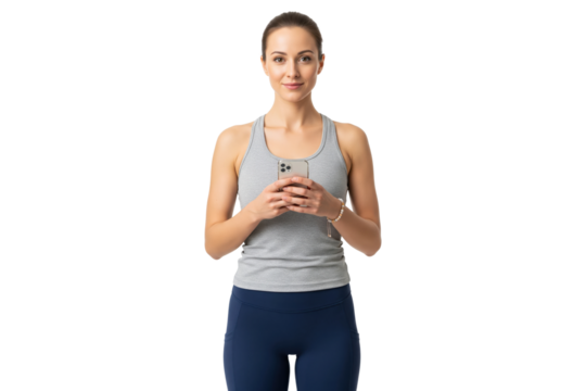 Fit young woman in athletic wear holding a smartphone for health tracking