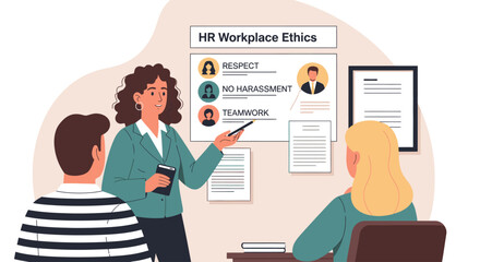 A female HR professional leads a training session on workplace ethics, respect, and teamwork.