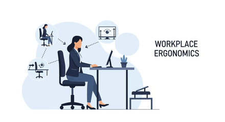 A businesswoman demonstrates correct ergonomic posture while working at a computer desk with helpful diagrams.
