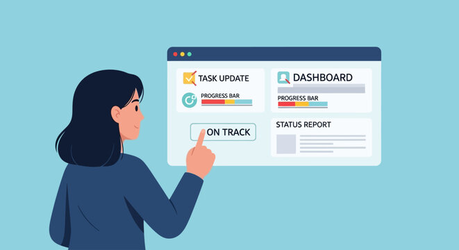A woman points at a project management dashboard, monitoring task updates and status reports to stay on track.