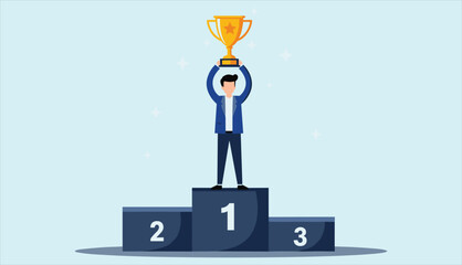 
A victorious businessman stands on the number one podium, proudly holding a gleaming golden trophy, celebrating success and achievement.