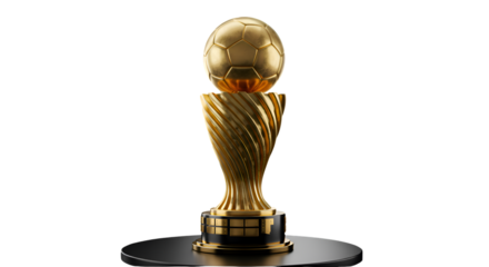 Golden soccer trophy, gleaming award, football prize, championship symbol.
