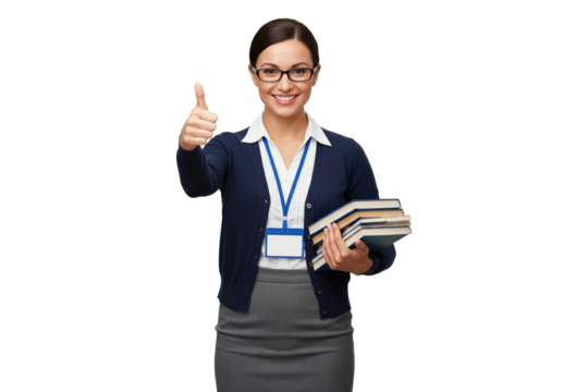 Confident female teacher in glasses holding books and giving a thumbs-up
