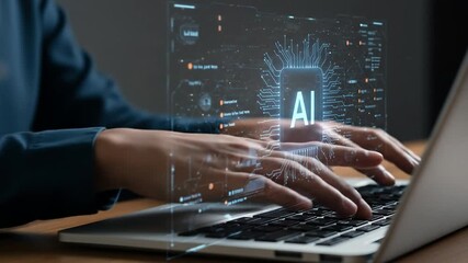 Typing on Laptop With AI Brain Interface and Holographic Neural Data Visualization - Powered by Adobe