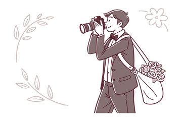 Dapper groom captures wedding memories with vintage camera and bouquet sling bag