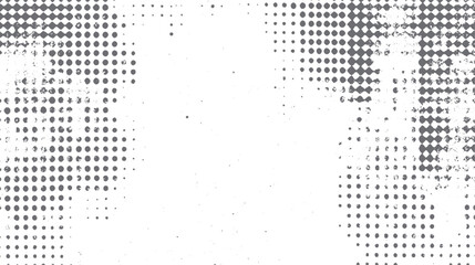 Grunge halftone dot pattern overlay. Distressed gradient dot texture design. Abstract retro surface background style.