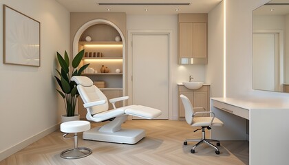 A luxury aesthetic treatment room featuring a reclining white chair, soft wooden tones, and elegant lighting, perfect for facial or skincare services.