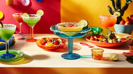 Festive Cinco de Mayo celebration with margarita cocktails in bold colorful glasses paired with traditional Mexican dishes and lively decor evoking joy and cultural spirit