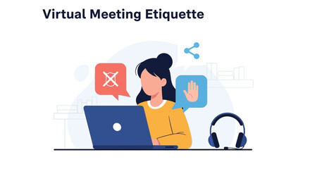 Woman using laptop for virtual meeting, demonstrating etiquette guidelines.