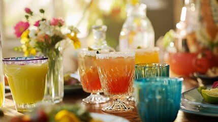 Festive Cinco de Mayo celebration with margarita cocktails in bold colorful glasses paired with traditional Mexican dishes and lively decor evoking joy and cultural spirit