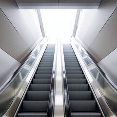 Obraz premium Symmetrical Escalator Ascends Towards Bright Light