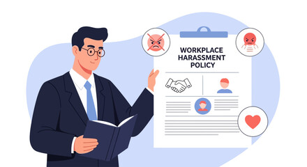 Businessman presenting workplace harassment policy document, highlighting prevention and support.