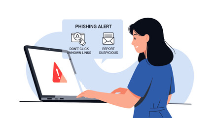 Woman receives phishing alert on laptop, learns to identify and report suspicious emails.