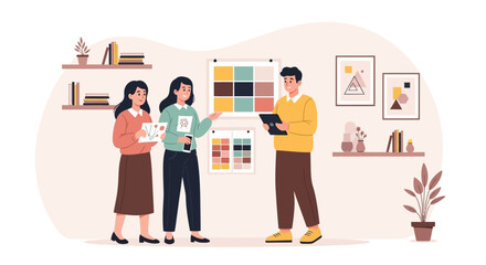 A creative team of designers collaborates in an office, discussing and choosing a color palette from a mood board for their project.