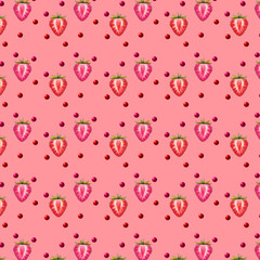seamless pattern with pink water dropsseamless pattern strawberry, a dlightful pink pattern featuring whole and halved strawberries interspersed with small red dots, creating a sweet and vibrant desig