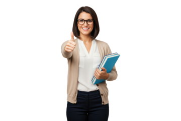 Confident female teacher in glasses holding blue books and giving a thumbs-up