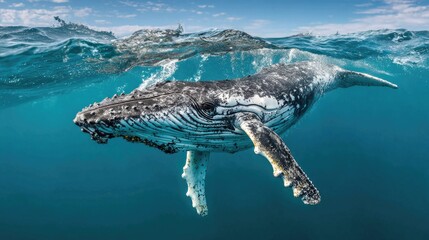 Obraz premium Graceful Humpback Whale Swimming in Clear Ocean Waters with Bright Sunlight and Bubbles Surrounding Its Body