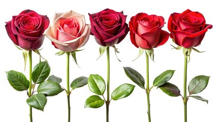 Fototapeta premium Five Beautiful Roses in a Row on a White Background, CloseUp