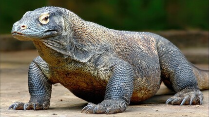 Obraz premium Close-up of a large lizard resting on a wooden surface with detailed scales and unique facial features
