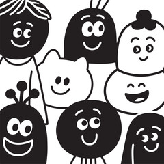 A Cheerful Gathering of Black and White Cartoon Characters Expressing Joy and Friendliness Through Simple Designs and Playful Expressions