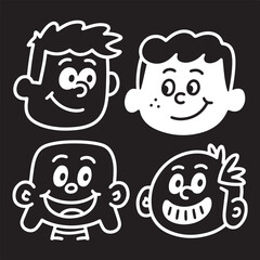 Whimsical Cartoon Faces A Collection of Joyful Expressions and Simple Black and White Designs for Childrens Illustration