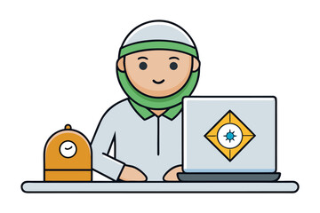 A young muslim man wearing a white kufi and green hijab sits at a desk with a laptop and a clock symbolizing modern islamic life and learning