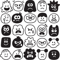Collection of Expressive Cartoon Emoticons A Diverse Range of Emotions Displayed Through Simple Black and White Vector Graphics
