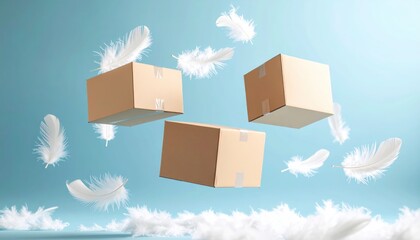 Light Delivery: Floating Cardboard Boxes and Feathers on a Blue Background