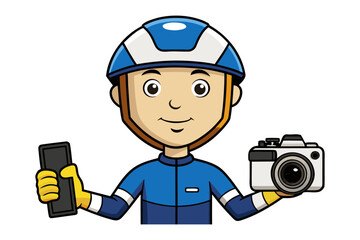 Cartoon character wearing a blue and white helmet holding a smartphone and a digital camera