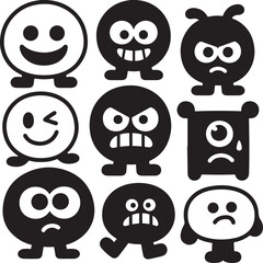 Variety of Cartoonish Characters Depicting Different Emotions Simple Black and White Graphic Design With Expressive Faces and Distinctive Body Shapes