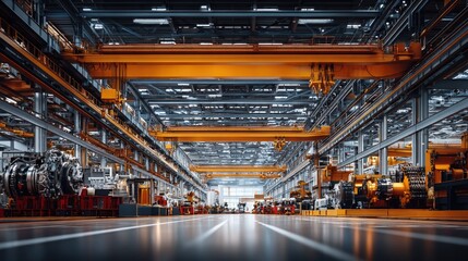 Fototapeta premium Spacious industrial warehouse with machinery and overhead cranes creating a modern manufacturing environment