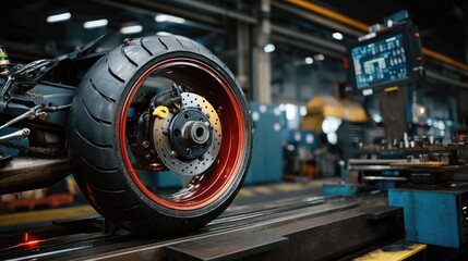Fototapeta premium Close-Up of Motorcycle Wheel and Tire in Industrial Workshop with Digital Display and Precision Tools