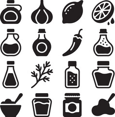 Assorted food ingredients and condiments in containers bottle garlic