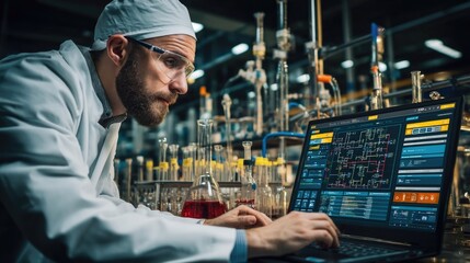 Scientist Working in Laboratory with Laptop and Chemical Equipment Analyzing Data in Research Environment