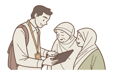 Friendly male educator or guide demonstrates digital information on a tablet to two smiling muslim women wearing hijabs