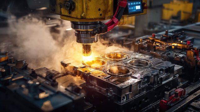 Precision machining process in industrial setting showcasing CNC machine cutting metal with sparks and smoke rising