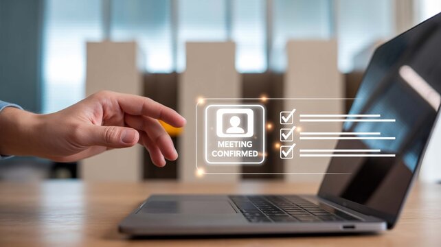 Confirming a virtual meeting with ease a hand hovers over a laptop to schedule work and connect with colleagues in a
