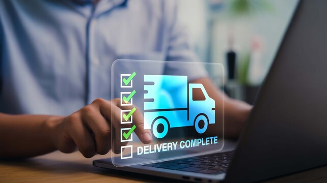 Order Confirmation A customer clicks Delivery Complete on a virtual truck checklist with successful digital confirmation